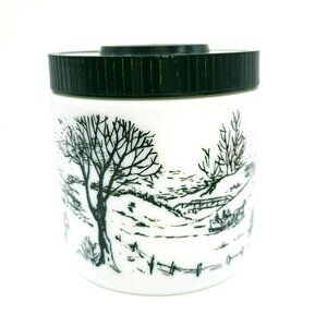Vintage Milk Glass Jar With Black & White Winter Scene & Screw-On Lid